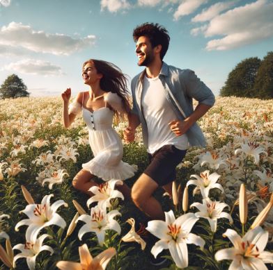 Happy couplerunning through the meadow