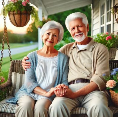 Happy couple sitting on the porch